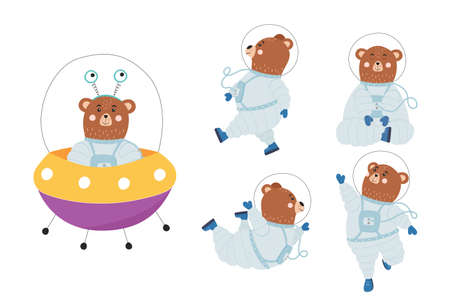 Cute bear astronaut set. Collection of kids character isolated on white background. Hand drawn...