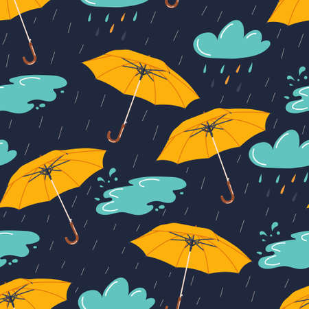 Autumn seamless pattern with rainy weather elements - umbrella, clouds and puddle. Vector illustration.のイラスト素材