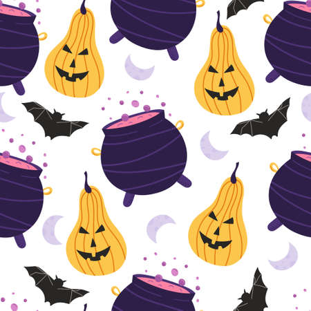 Seamless pattern with Halloween elements - pumpkin, bat and witch's cauldron. Vector background.のイラスト素材