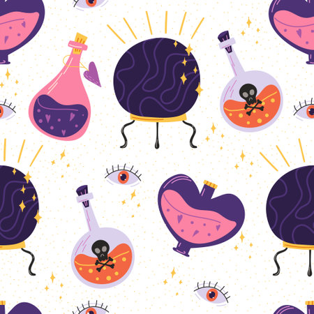 Hand-drawn seamless pattern with potion and magic ball. Halloween concept.のイラスト素材