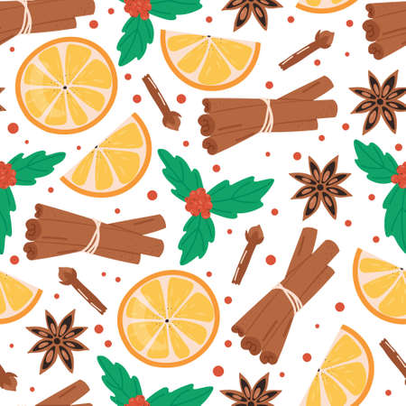 Christmas seamless pattern. Cinnamon, orange, clove, anise and mistletoe. Winter holidays concept.のイラスト素材