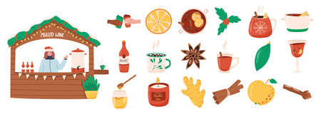 Set of mulled wine ingredients flat vector illustration isolated on white background. Christmas market stall with woman selling hot drink. Collection of winter decorations.のイラスト素材