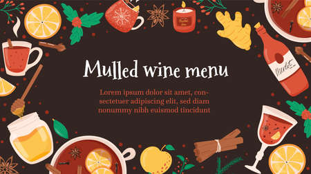 Christmas banner for menu with mulled or hot wine ingredients, vector illustration. Winter holidays food and drink with copy space for text. Set with flat orange, cinnamon, cup and bottle.のイラスト素材