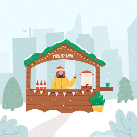 Happy woman in Christmas market stall waving hand and selling mulled wine - flat vector illustration. Winter holidays celebration in the city.のイラスト素材