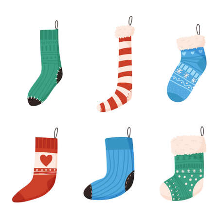 Set of cute Christmas socks for gifts, flat vector illustration isolated on white background. Hand drawn stockings with winter holidays ornament.のイラスト素材