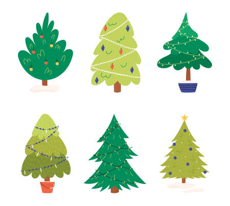Cute Christmas tree decorated with fairy lights, balls or toys - flat vector illustration isolated on white background. Winter holidays decoration set in hand drawn cartoon style.のイラスト素材