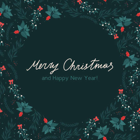 Christmas greeting card with copy space for text and floral seamless pattern - flat vector illustration. Elegant poster for social media.のイラスト素材