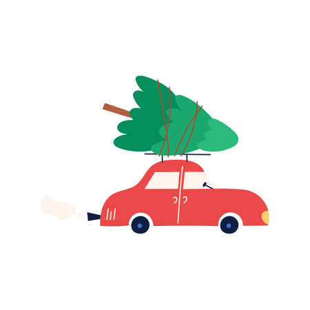 Car driving with Christmas tree on the roof, flat vector illustration isolated on white background. Cute winter sticker. Tree transportation or delivery.のイラスト素材