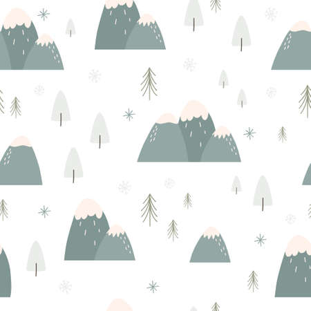 Winter village seamless pattern with mountains and for tree forest, flat vector illustration on white background. Cute pattern for Christmas and kids cloth design. Simple and minimalist elements.のイラスト素材