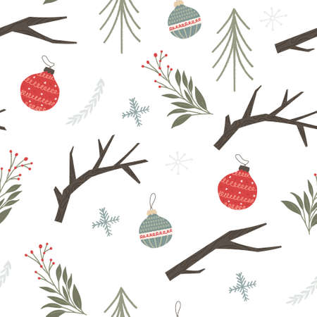 Winter holidays seamless pattern with ornaments, snowflakes, branches and plants - flat vector illustration on white. Cute background with textured elements.のイラスト素材