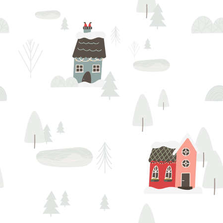 Cute winter village seamless pattern with decorated houses and fir trees, flat vector illustration on white. Scandinavian nordic background for holiday wrapping paper or textile.のイラスト素材