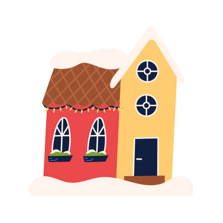 Cute building facade with snow and decorative lights, flat vector illustration isolated on white background. Hand drawn winter house in simple minimalist style.のイラスト素材