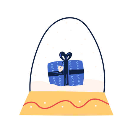 Cute snow globe with Christmas gift box inside, flat vector illustration isolated on white background. Hand drawn traditional toy.のイラスト素材