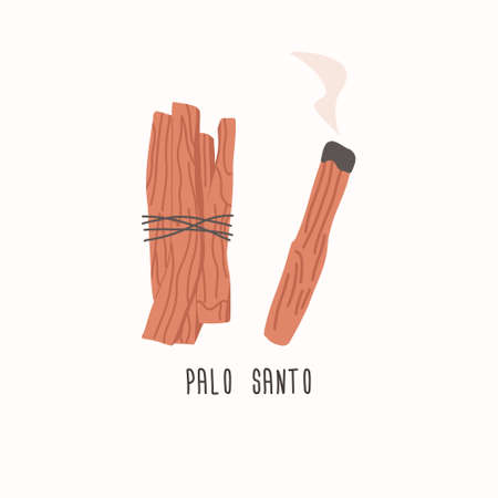 Palo santo holy wood tree, sticks bundle - flat vector illustration isolated on white background. Burning palo santo incense. Concept of smudging, relaxation and aromatherapy.のイラスト素材