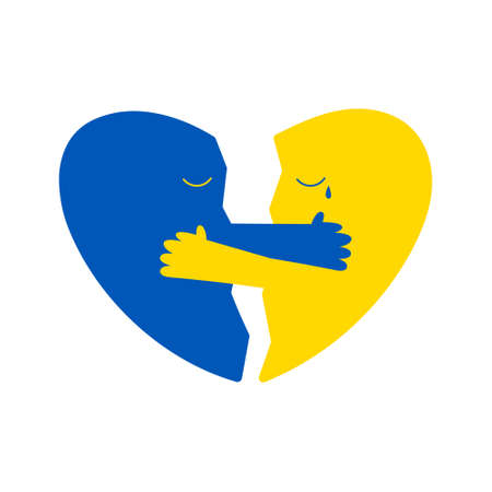 Pieces of broken heart hugging each other, Ukrainian flag colors, flat vector illustration isolated on white background. Support and pray for Ukraine during war with Russia. Heart with crying face.のイラスト素材
