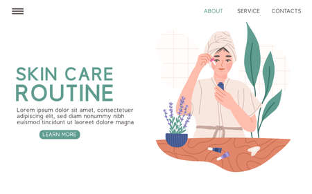 Skin care routine with woman applying beauty products, landing page template flat vector illustration. Young female character in bathroom using essential oils and moisturizer with gua sha massager.のイラスト素材