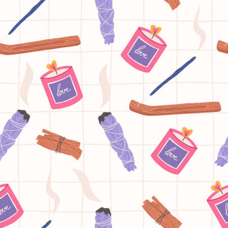 Aromatherapy and meditation seamless pattern, flat vector illustration on white background. Candle, palo santo sticks, sage bundle and incense.のイラスト素材