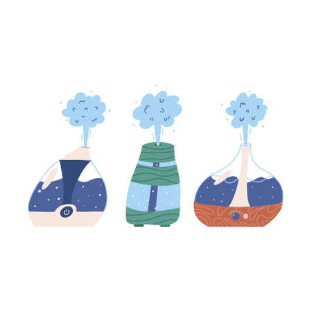 Air purifier set, cartoon flat vector illustration isolated on white background. Cute collection of aaron diffusers with steam. Different home appliance for healthy lifestyle and wellbeing.のイラスト素材