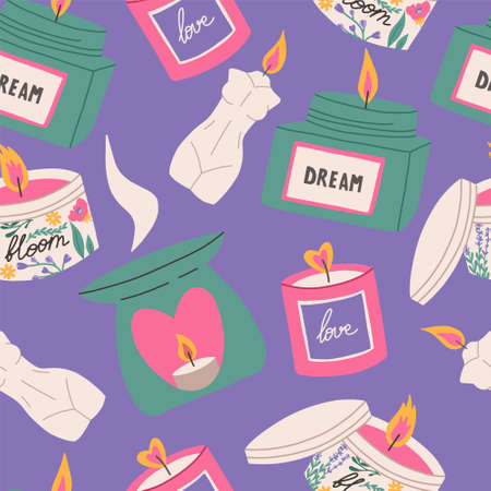 Trendy candles seamless pattern, flat vector illustration on purple background. Colorful candles in shape of woman body and with hand drawn lettering.のイラスト素材