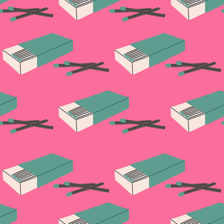 Matchboxes bright and colorful seamless pattern, flat vector illustration on pink background. Match...