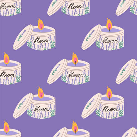 lavender candles in jar, seamless pattern, flat vector illustration on purple background. Cute aromatherapy candles with flowers and floral scent.のイラスト素材