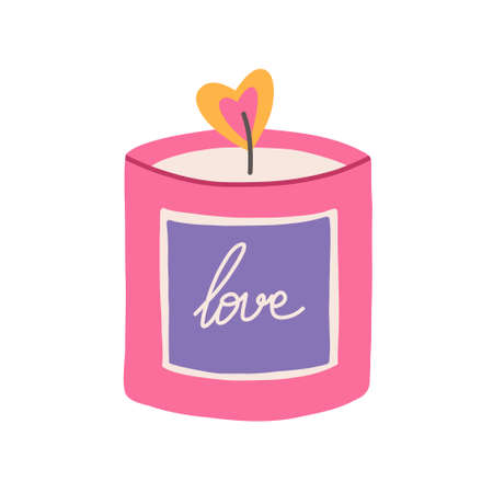 Hand drawn burning candle glass jar with love lettering, flat vector illustration isolated on white background. Trendy and colorful candle with fire in shape of heart. Valentines Day and romance.のイラスト素材