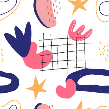 Hand drawn abstract shapes, seamless pattern flat vector illustration on white background. Trendy...