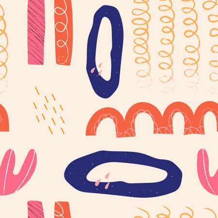 Seamless pattern with abstract textured shapes, flat vector illustration on beige background. Modern...