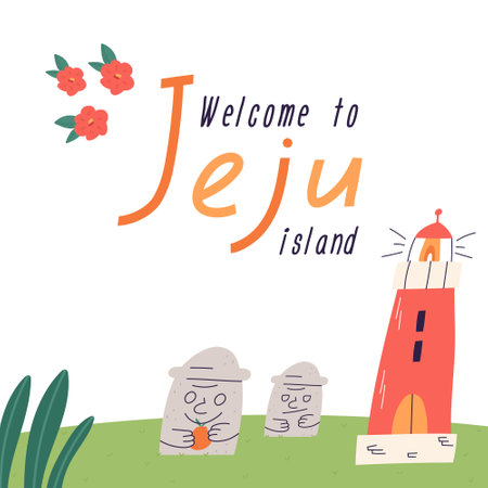 Jeju island welcoming poster with lighthouse and Dol Hareuband stone, cartoon flat vector illustration. Cute symbols of Korean Jejudo.のイラスト素材