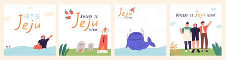 Set of posters with symbols of Jeju island in South Korea, cartoon flat vector illustrations. Cute childish whale swimming in sea. Haenyeo woman diving. Korean inscription of Jeju island.のイラスト素材