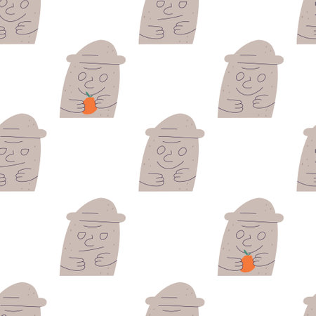 Dol hareubank stone statue of Jeju island, seamless pattern - flat vector illustration on white background. Rock sculpture holding dekopon tangerine and smiling. Great for wrapping paper.のイラスト素材