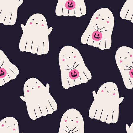 Cute ghost with basket in shape of pumpkin, seamless pattern flat vector illustration. Trick or treat background. Funny ghosts with cheerful face. Halloween childish design.のイラスト素材