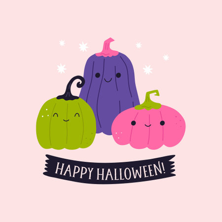 Happy Halloween greeting card with funny pumpkins, flat vector illustration isolated on pastel pink background. Cute pumpkins with cheerful face expression. Halloween drawing for kids.のイラスト素材
