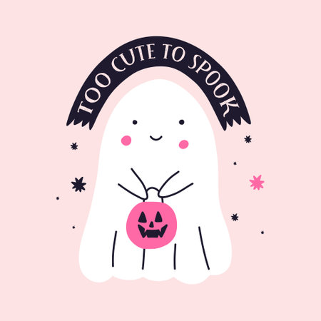 Cute pumpkin holding basket for candies in shape of pumpkin, cartoon flat vector illustration. Halloween greeting card with "too cute to spook" inscription. Poster with concept of trick or treat.のイラスト素材
