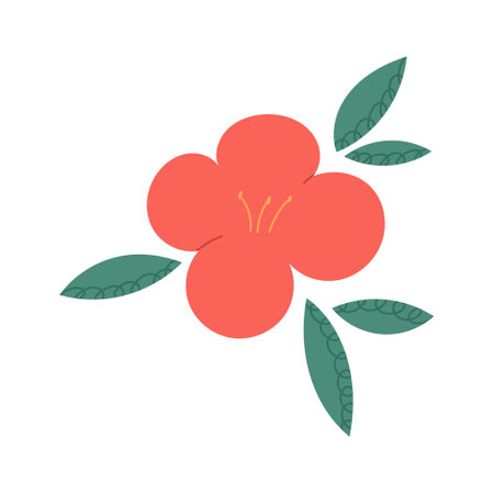 Traditional Japanese camellia flower, hand drawn flat vector illustration isolated on white background. Symbol of korean Jeju island. Red flower with leaves.のイラスト素材