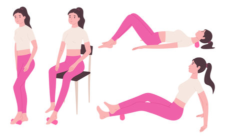 Woman exercising with foam roller, flat vector illustration isolated on white background. Set of cute and healthy female character doing pilates, yoga or self massage. Neck, foot and calf stretching.のイラスト素材