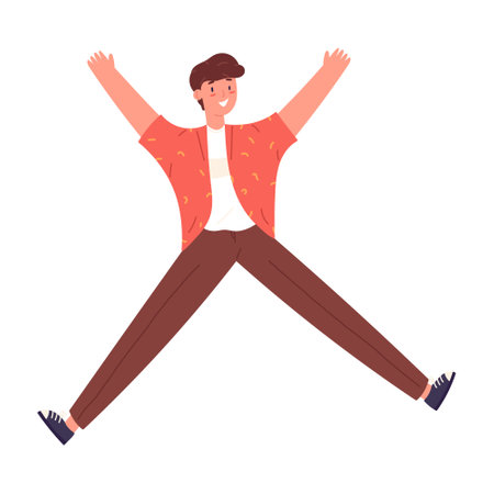Happy young man jumping, flat vector illustration isolated on white background. Concepts of success, freedom, and youth. Cheerful character with smiling face. Winner person.のイラスト素材