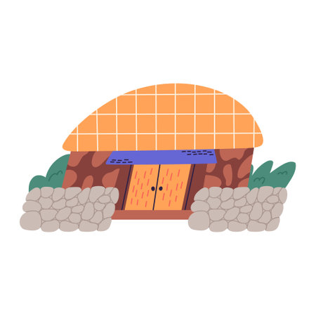 Jeju island Seongeup folk village, cartoon flat vector illustration. Hand drawn thatch house, farm rustic building. Korean jeju island landmark.のイラスト素材