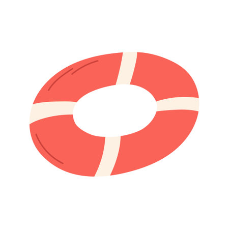 Hand drawn lifebuoy, cartoon flat vector illustration isolated on white background. Inflatable rubber ring for safe swimming in the pool, sea or ocean. Red and white lifebuoy.のイラスト素材