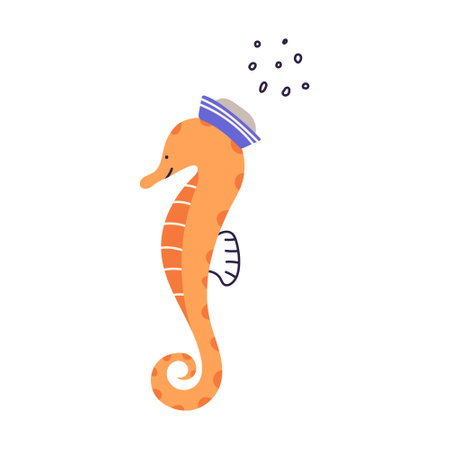 Cute seahorse wearing nautical hat, cartoon flat vector illustration isolated on white background. Cheerful animal character, hand drawn kids drawing.のイラスト素材