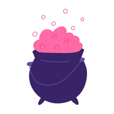 Hand drawn cauldron, cartoon flat vector illustration isolated on white background. Magical cauldron with brewing potion. Concepts of magic and witchcraft.のイラスト素材
