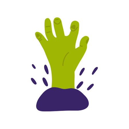 Green zombie hand sticking out of the ground, cartoon flat vector illustration isolated on white background. Traditional Halloween decoration element. Scary and spooky monster.のイラスト素材