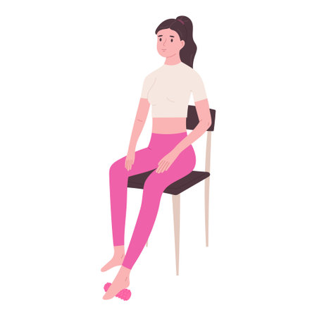Woman sitting and exercising with foot roller - flat vector illustration isolated on white background. Smart fitness workout. Yoga and pilates equipment. Physiotherapy and rehabilitation.のイラスト素材