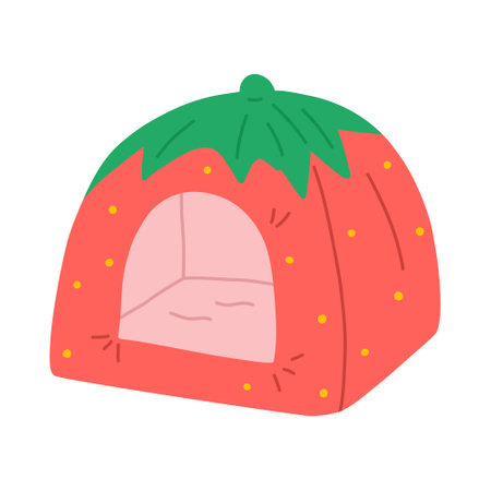 Cute hand drawn pet bed in shape of strawberry, cartoon flat vector illustration isolated on white background. Comfortable house for dogs or cats. Sleeping place for domestic animals.のイラスト素材
