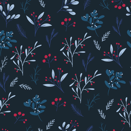 Winter botany seamless pattern, flat vector illustration on dark blue background. Various plants with leaves and red berries. Christmas gift wrapping paper. Nature concept.のイラスト素材