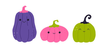 Set of cute smiling pumpkins, hand drawn cartoon flat vector illustration isolated on white background. Childish Halloween characters. Cheerful pumpkin.のイラスト素材