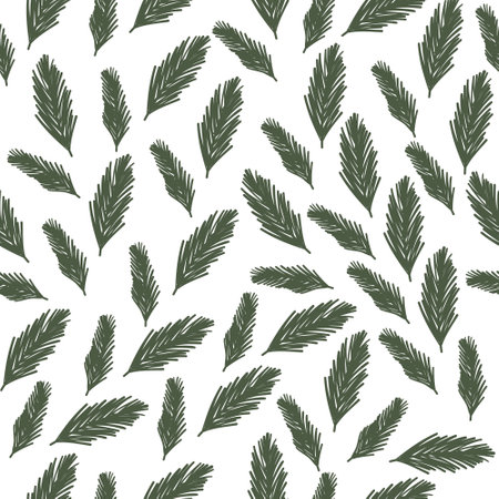Hand drawn evergreen fir tree branch seamless pattern, flat vector illustration on white background. Cute winter nature pattern. Great for wrapping paper.のイラスト素材