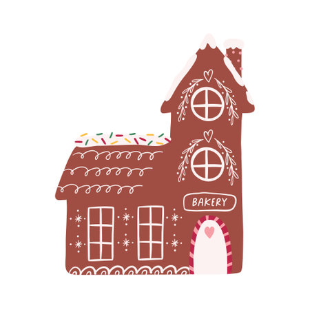 Cute gingerbread house with hand drawn decoration, cartoon flat vector illustration isolated on white background. Gingerbread bakery, Christmas decoration.のイラスト素材