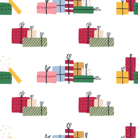 Cute pile of gift boxes, seamless pattern - flat vector illustration on white background. Christmas holiday celebration. Great for wrapping paper print.のイラスト素材