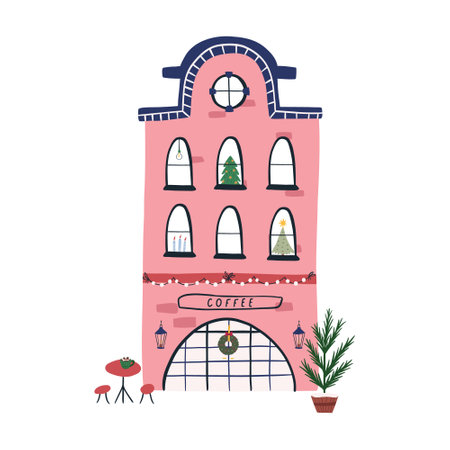 Cute hand drawn winter house with coffee shop, cartoon flat vector illustration isolated on white background. Christmas decoration - fairy lights, wreath and Christmas tree. Coffee house exterior.のイラスト素材
